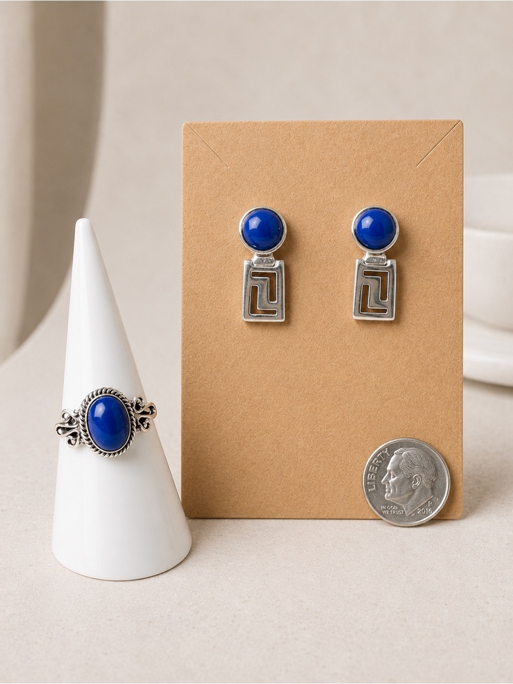 NEW Sterling Silver Lapis Lazuli Ring Size 5 & Drop Earrings Set .925 - Picture 4 of 5